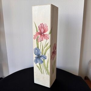 Vintage Hand-Painted Wooden Box Rectangular Floral Design Pink & Blue Irises 15"